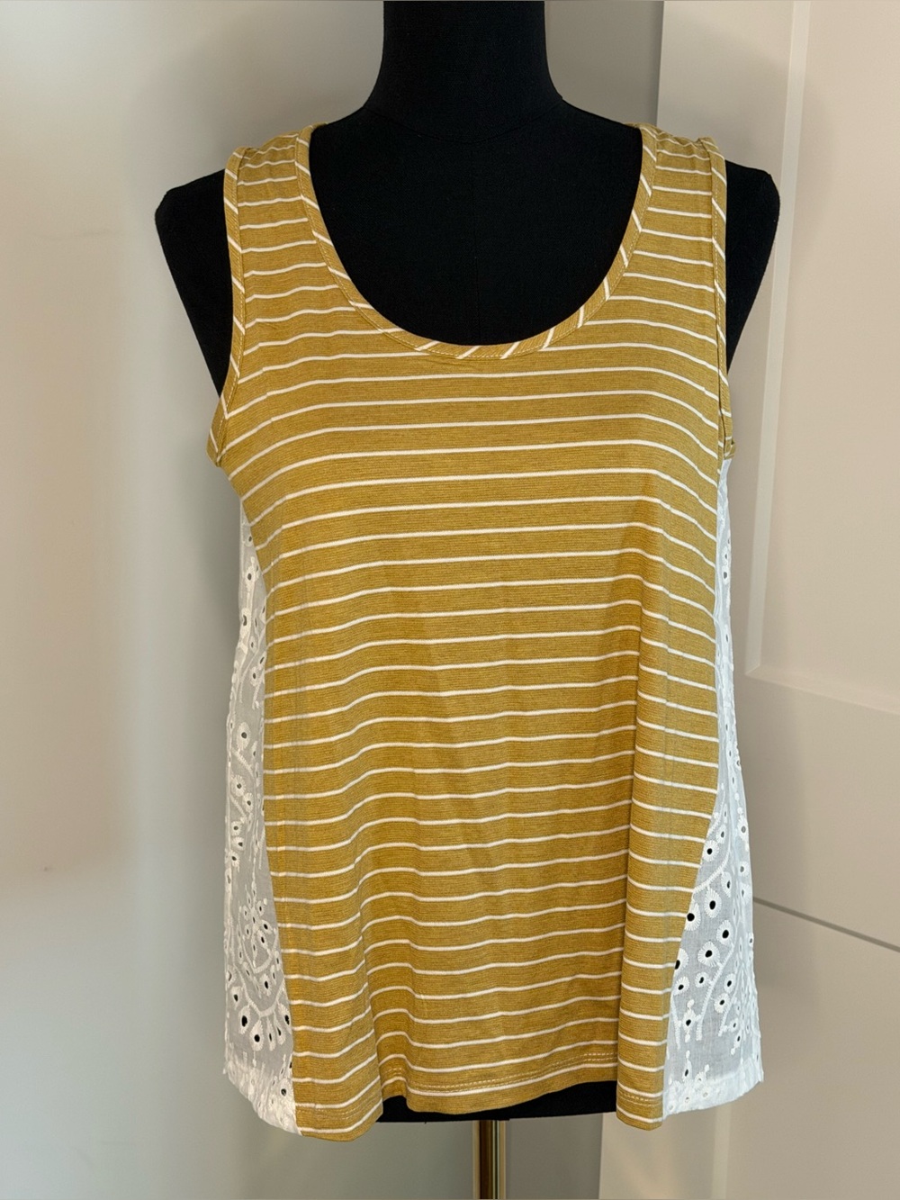 NWT (S) Hem & Thread Striped Mustard Tank with Eyelet Back and Side Panels